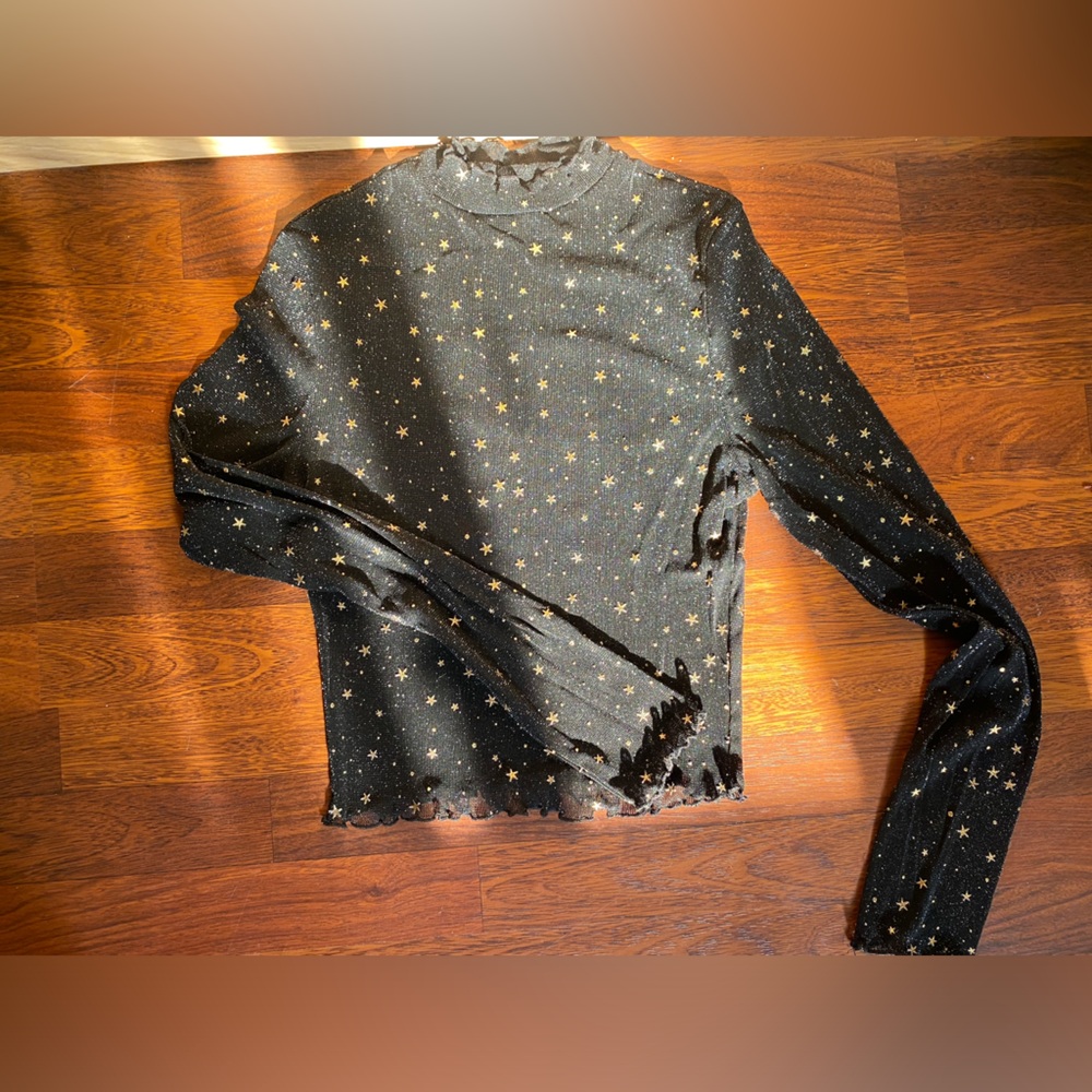 SHEIN sheer black glitter long sleeve with gold stars